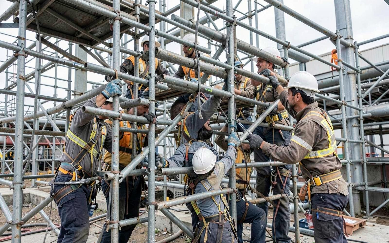 Scaffolding crew erecting tube scaffolding at an industrial site